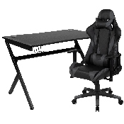 Black Gaming Desk and Gray/Black Reclining Gaming Chair Set with Cup Holder, Headphone Hook & 2 Wire Management Holes, BLN-X20D1904-GY-GG