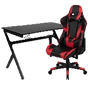 Black Gaming Desk and Red/Black Reclining Gaming Chair Set with Cup Holder, Headphone Hook & 2 Wire Management Holes, BLN-X20D1904-RD-GG