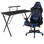 Black Gaming Desk and Blue Reclining Gaming Chair Set with Cup Holder, Headphone Hook, and Monitor/Smartphone Stand, BLN-X20RSG1031-BL-GG