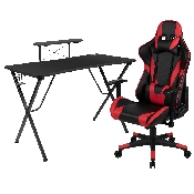 Black Gaming Desk and Red/Black Reclining Gaming Chair Set with Cup Holder, Headphone Hook, and Monitor/Smartphone Stand, BLN-X20RSG1031-RD-GG