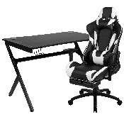 Black Gaming Desk and Black Footrest Reclining Gaming Chair Set with Cup Holder, Headphone Hook & 2 Wire Management Holes, BLN-X30D1904-BK-GG