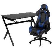 Black Gaming Desk and Blue Footrest Reclining Gaming Chair Set with Cup Holder, Headphone Hook & 2 Wire Management Holes, BLN-X30D1904-BL-GG