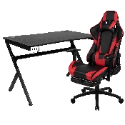 Black Gaming Desk and Red/Black Footrest Reclining Gaming Chair Set with Cup Holder, Headphone Hook & 2 Wire Management Holes, BLN-X30D1904-RD-GG