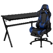 Gaming Desk and Blue Footrest Reclining Gaming Chair Set - Cup Holder/Headphone Hook/Removable Mouse Pad Top/Wire Management, BLN-X30D1904L-BL-GG