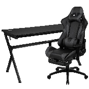 Gaming Desk and Gray Footrest Reclining Gaming Chair Set - Cup Holder/Headphone Hook/Removable Mouse Pad Top/Wire Management, BLN-X30D1904L-GY-GG