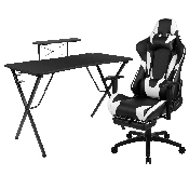Black Gaming Desk and Black Footrest Reclining Gaming Chair Set with Cup Holder, Headphone Hook, and Monitor/Smartphone Stand, BLN-X30RSG1031-BK-GG