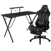 Black Gaming Desk with Cup Holder/Headphone Hook and Monitor/Smartphone Stand & Gray Reclining Gaming Chair with Footrest, BLN-X30RSG1031-GY-GG