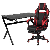 Black Gaming Desk with Cup Holder/Headphone Hook/2 Wire Management Holes & Red Reclining Back/Arms Gaming Chair with Footrest, BLN-X40D1904-RD-GG
