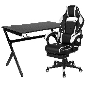 Black Gaming Desk with Cup Holder/Headphone Hook/2 Wire Management Holes & White Reclining Back/Arms Gaming Chair with Footrest, BLN-X40D1904-WH-GG