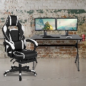 Black Gaming Desk with Cup Holder/Headphone Hook/2 Wire Management Holes & White Reclining Back/Arms Gaming Chair with Footrest, BLN-X40D1904-WH-GG