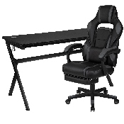 Gaming Desk with Cup Holder/Headphone Hook/Removable Mousepad Top & Black Reclining Back/Arms Gaming Chair with Footrest, BLN-X40D1904L-BK-GG