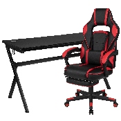 Gaming Desk with Cup Holder/Headphone Hook/Removable Mousepad Top & Red Reclining Back/Arms Gaming Chair with Footrest, BLN-X40D1904L-RD-GG