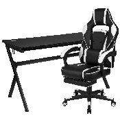 Gaming Desk with Cup Holder/Headphone Hook/Removable Mousepad Top & White Reclining Back/Arms Gaming Chair with Footrest, BLN-X40D1904L-WH-GG