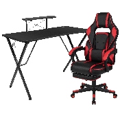 Black Gaming Desk with Cup Holder/Headphone Hook/Monitor Stand & Red Reclining Back/Arms Gaming Chair with Footrest, BLN-X40RSG1031-RED-GG