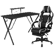 Black Gaming Desk with Cup Holder/Headphone Hook/Monitor Stand & White Reclining Back/Arms Gaming Chair with Footrest, BLN-X40RSG1031-WH-GG