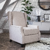 Prescott Traditional Style Slim Push Back Recliner Chair-Wingback Recliner with Cream Fabric Upholstery-Accent Nail Trim, BO-BS7002-1-CREAM-GG