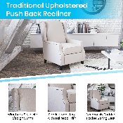 Prescott Traditional Style Slim Push Back Recliner Chair-Wingback Recliner with Cream Fabric Upholstery-Accent Nail Trim, BO-BS7002-1-CREAM-GG