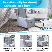 Prescott Traditional Style Slim Push Back Recliner Chair-Wingback Recliner with Gray Polyester Fabric Upholstery-Accent Nail Trim, BO-BS7002-1-GY-GG