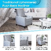 Carson Transitional Style Push Back Recliner Chair - Pillow Back Recliner - Light Gray Fabric Upholstery - Accent Nail Trim, BO-BS7003-LGY-GG