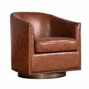 Myles Club Style Commercial Barrel Accent Armchair with 360 Swivel Metal Base and Brown Leathersoft Upholstery with Brass Decorative Nail Head Trim, BS-AC22-061-BRNPU-GG
