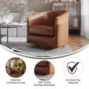 Myles Club Style Commercial Barrel Accent Armchair with 360 Swivel Metal Base and Brown Leathersoft Upholstery with Brass Decorative Nail Head Trim, BS-AC22-061-BRNPU-GG