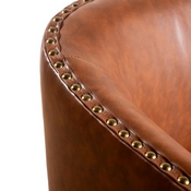 Myles Club Style Commercial Barrel Accent Armchair with 360 Swivel Metal Base and Brown Leathersoft Upholstery with Brass Decorative Nail Head Trim, BS-AC22-061-BRNPU-GG