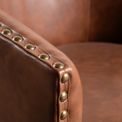 Myles Club Style Commercial Barrel Accent Armchair with 360 Swivel Metal Base and Brown Leathersoft Upholstery with Brass Decorative Nail Head Trim, BS-AC22-061-BRNPU-GG