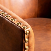 Myles Club Style Commercial Barrel Accent Armchair with 360 Swivel Metal Base and Brown Leathersoft Upholstery with Brass Decorative Nail Head Trim, BS-AC22-061-BRNPU-GG