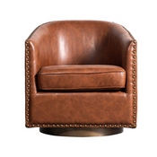 Myles Club Style Commercial Barrel Accent Armchair with 360 Swivel Metal Base and Brown Leathersoft Upholstery with Brass Decorative Nail Head Trim, BS-AC22-061-BRNPU-GG