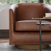 Myles Club Style Commercial Barrel Accent Armchair with 360 Swivel Metal Base and Brown Leathersoft Upholstery with Brass Decorative Nail Head Trim, BS-AC22-061-BRNPU-GG
