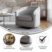 Dean Club Style Commercial Barrel Accent Armchair with 360 Degree Swivel Metal Base and Sloped Armrests in Gray LeatherSoft Upholstery, BS-AC22-064-GRYPU-GG