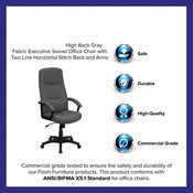 High Back Gray Fabric Executive Swivel Office Chair with Two Line Horizontal Stitch Back and Arms, BT-134A-GY-GG