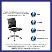 Mid-Back Armless Black LeatherSoft Contemporary Ribbed Executive Swivel Office Chair, BT-20595M-NA-BK-GG