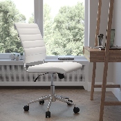 Mid-Back Armless White LeatherSoft Contemporary Ribbed Executive Swivel Office Chair, BT-20595M-NA-WH-GG