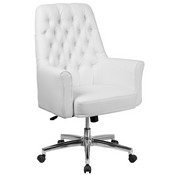 Mid-Back Traditional Tufted White LeatherSoft Executive Swivel Office Chair with Arms, BT-444-MID-WH-GG