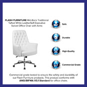 Mid-Back Traditional Tufted White LeatherSoft Executive Swivel Office Chair with Arms, BT-444-MID-WH-GG