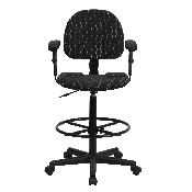 Black Patterned Fabric Drafting Chair with Adjustable Arms (Cylinders: 22.5''-27''H or 26''-30.5''H), BT-659-BLK-ARMS-GG