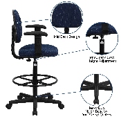 Navy Blue Patterned Fabric Drafting Chair with Adjustable Arms (Cylinders: 22.5''-27''H or 26''-30.5''H), BT-659-NVY-ARMS-GG