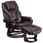 Contemporary Multi-Position Recliner and Ottoman with Swivel Mahogany Wood Base in Brown LeatherSoft, BT-70222-BRN-FLAIR-GG