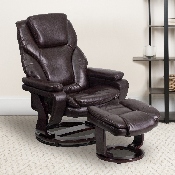 Contemporary Multi-Position Recliner and Ottoman with Swivel Mahogany Wood Base in Brown LeatherSoft, BT-70222-BRN-FLAIR-GG