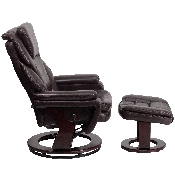 Contemporary Multi-Position Recliner and Ottoman with Swivel Mahogany Wood Base in Brown LeatherSoft, BT-70222-BRN-FLAIR-GG
