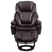 Contemporary Multi-Position Recliner and Ottoman with Swivel Mahogany Wood Base in Brown LeatherSoft, BT-70222-BRN-FLAIR-GG