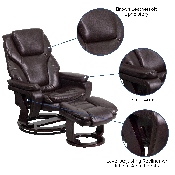 Contemporary Multi-Position Recliner and Ottoman with Swivel Mahogany Wood Base in Brown LeatherSoft, BT-70222-BRN-FLAIR-GG