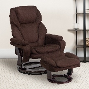 Contemporary Multi-Position Recliner and Ottoman with Swivel Mahogany Wood Base in Brown Microfiber, BT-70222-MIC-FLAIR-GG