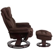 Contemporary Multi-Position Recliner and Ottoman with Swivel Mahogany Wood Base in Brown Microfiber, BT-70222-MIC-FLAIR-GG
