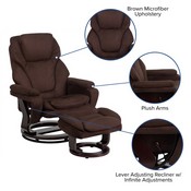 Contemporary Multi-Position Recliner and Ottoman with Swivel Mahogany Wood Base in Brown Microfiber, BT-70222-MIC-FLAIR-GG