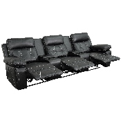 Reel Comfort Series 3-Seat Reclining Black LeatherSoft Theater Seating Unit with Straight Cup Holders, BT-70530-3-BK-GG