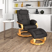 Contemporary Multi-Position Recliner and Ottoman with Swivel Maple Wood Base in Black LeatherSoft, BT-7615-BK-CURV-GG