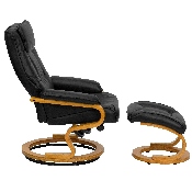 Contemporary Multi-Position Recliner and Ottoman with Swivel Maple Wood Base in Black LeatherSoft, BT-7615-BK-CURV-GG