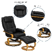 Contemporary Multi-Position Recliner and Ottoman with Swivel Maple Wood Base in Black LeatherSoft, BT-7615-BK-CURV-GG
